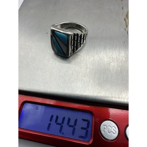 Vintage Navajo Mother of Pearl Turquoise Mens Sterling Silver Ring Size 10 - Picture 7 of 7